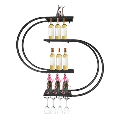 Produktbild von Weinregale 120*20*120cm Wandmontiertes Weinlagerungsregal mit Weinglas-Haken Schwarz