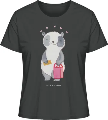 Produktbild von Mr. & Mrs. Panda Damen Oberteil Panda Shopping Größe M - Anthrazit - Geschenk, Shoppen, Basic T-Shirt, Baumwoll, Shirt, Einkaufen, Kurzarmshirt
