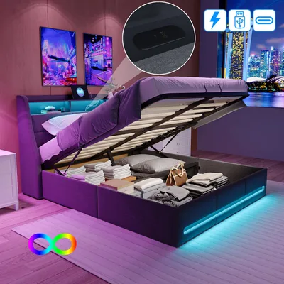 Produktbild von UnboxG Polsterbett 140x200 cm mit LED-Kopfteil, Doppelbett mit USB und Lattenrost, Hydraulischem Stauraum und Metallrahmen, Jugendbett, Leinenstoff Grau