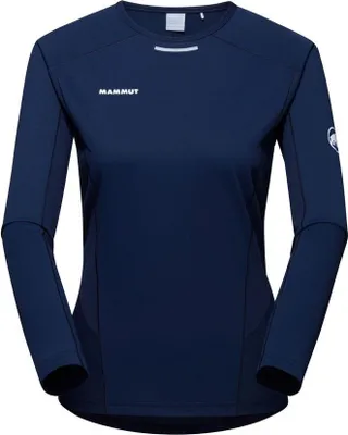 Dunkelblaues Langarmshirt für Damen von Mammut; Modell Aenergy FL Longsleeve; mit Rundhalsausschnitt und langen Ärmeln.
