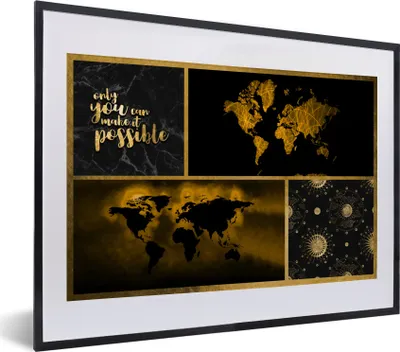 Produktbild von MuchoWow® Gerahmtes Poster Weltkarte - Collage - Luxus - Gold 40x30 cm - Poster mit Schwarzem Bilderrahmen Wandposter Rahmen Foto Bilder - Bilderrahmen - Poster im Rahmen