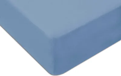 A close-up view of a blue fitted sheet.