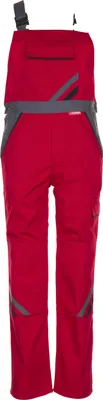A red pair of work overalls with gray accents and reflective strips.