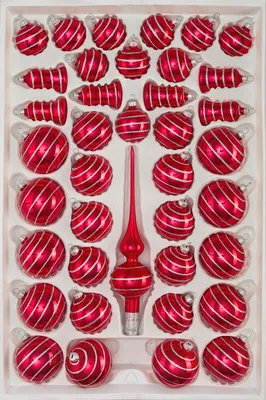 Produktbild von 39 tlg. Glas-Weihnachtskugeln Set in Hochglanz Rot Candy Silberne-Spiralen