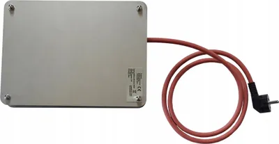 A silver rectangular device with a red power cord and plug is shown on a white background.