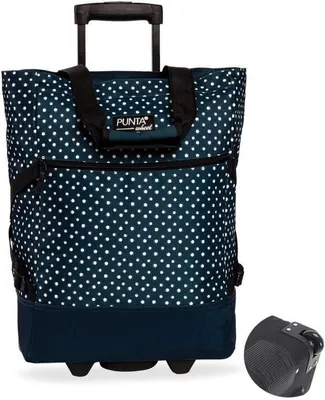 A polka dot rolling shopping bag on a white background.