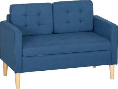 Zdjęcie produktu dla HOMCOM – dwuosobowa sofa, tapicerowana kanapa z schowkiem, drewniane nogi, niebieska