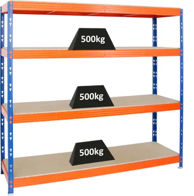 Produktbild von Profi Schwerlastregal RHINO | HxBxT 180x200x60cm | 4 Spanplatten-Ebenen 16mm | Fachlast 500kg | Blau/Orange