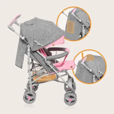 A pink and gray baby stroller is shown against a light beige background, with two circular insets highlighting specific features of the stroller.