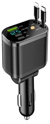 Produktbild von 5-in-1 Auto Ladegerät - USB Zigarettenanzünder Adapter - 1x USB, 1x USB-C PD Anschlüsse - Einziehbares Kabel - Schnellladen für iPhone Samsung - 1A1C Starlight
