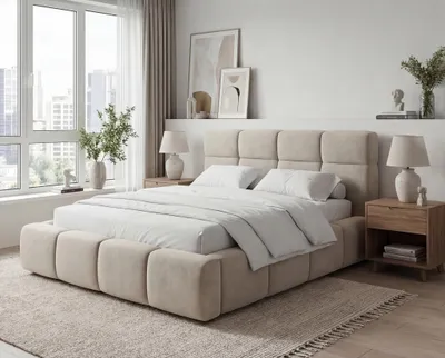 Obrázok produktu pre Čalúnená posteľ Oslo 160x200 cm - Moderný dizajn, Manželská posteľ 160 x 200 cm - Nočná skrinka, Lamelový rošt, Posteľ béžová (Komodo 11)