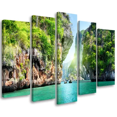 Produktbild von 5-teiliges leinwandbild tropenstrand 150x100 cm Feeby grün wandbild bereit zum aufhängen