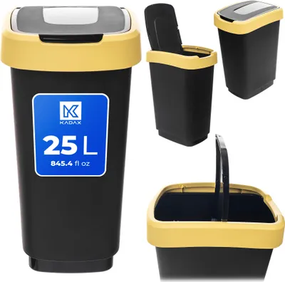 Produktbild von KADAX Mülleimer 25L, Abfalleimer mit Schwingdeckel, Abfallbehälter aus Kunststoff, Müllbehälter mit Deckel, Mülltrennsystem für Küche & Büro (schwarz-gelb)
