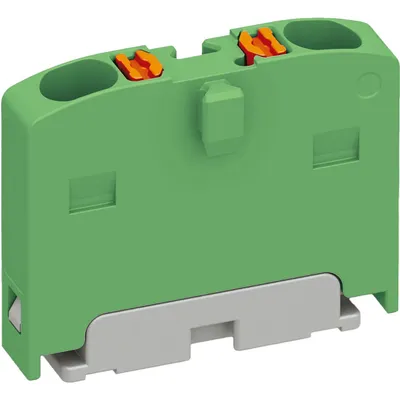 A single green terminal block with orange connectors and a gray base, shown in a studio setting against a white background.