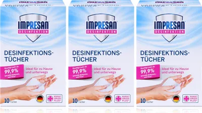 Produktbild von Impresan Desinfektions-Tücher 10 stk. - Ideal für unterwegs (3er Pack)