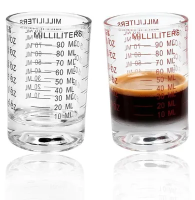Obrázok produktu pre Sada dvoch odmerných pohárov zo skla, objem 90 ml, s odmerkou, červená a čierna