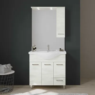 Immagine prodotto di Mobile bagno a terra cm85 con ante e cassetti quercia bianco | Rimini