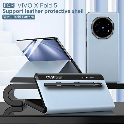 A light blue foldable phone case is displayed with a phone inside, showcasing its features and design.