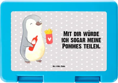 Produktbild von Mr. & Mrs. Panda Bento Box Pinguin Pommes - Grau Pastell - Geschenk, Hochzeitstag, Vesperbox, Valentinstag, Snackbox, Brotbehälter, Freundin, für, Lunchbox, Partner
