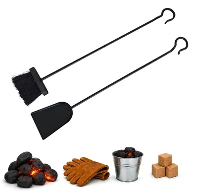 Produktbild von Relaxdays Kamin Kehrset, 2-tlg, Ascheschaufel & Aschebesen, Kaminpflege, zum Aufhängen, Ofenzubehör, Eisen, schwarz, KI-generiertes Bild
