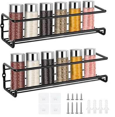 Image de Unyqoos® - Lot de 2 étagères murales en acier inoxydable, noires – Étagère à épices sans perçage (adhésive) | 29 x 6,4 x 6 cm, pour bocaux de diamètre jusqu'à 6 cm, idéale pour la cuisine et la salle de bain