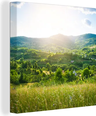 Produktbild von MuchoWow® - Leinwandbilder - Wald - Landschaft - Sonne - Natur - Sonnenaufgang, Wandbild, Wanddeko Bilder Wohnzimmer, 90x90cm