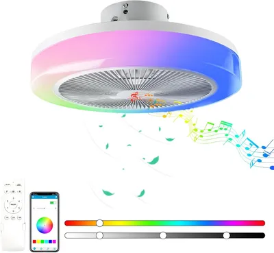 Obrázok produktu pre LED stropný ventilátor s časovačom. Tichý, moderný stropný ventilátor s RGB osvetlením, diaľkovým ovládaním a aplikáciou, s možnosťou stmievania a prehrávania hudby cez Bluetooth