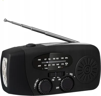 Immagine prodotto di Radio di EMERGENZA con TORCIA A MANOVELLA USB SOLARE Allarme SOS da viaggio NERO