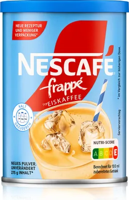 A can of Nescafé frappé instant coffee mix with a glass of iced coffee.