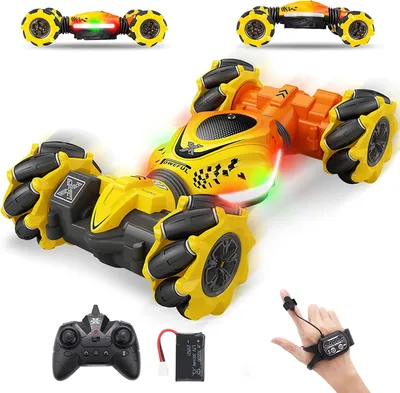 Produktbild von Ferngesteuertes Auto für Kinder(gelb),Ferngesteuerte Auto mit HandSteuerung,4WD RC Stunt Car,2,4 GHz 360° Drehung Auto mit Musik und Beleuchtung,coolste Geschenk für Kinder Jungen