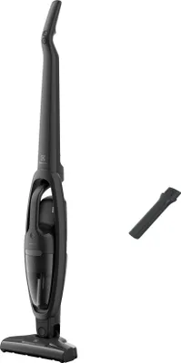 A black cordless vacuum cleaner and a crevice tool are shown against a white background.