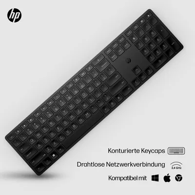 Obrázok produktu pre HP Programovateľná bezdrôtová klávesnica 450, Plná veľkosť (100 %), Káblový a bezdrôtový, Bezdrôtové RF + USB, Mechanický spínač kláves, Čierna