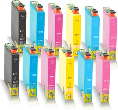 A collection of ink cartridges arranged in two rows against a white background.
