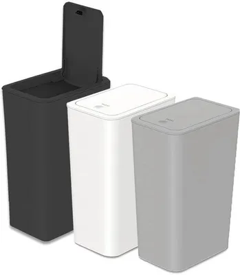 Productafbeelding van Unyqoos® Set van 3 afvalbakken, 10 liter – Wit, zwart, grijs, met opklapdeksel, gemaakt van PP, compact formaat: 22,5 x 15,8 x 33,3 cm, geschikt voor badkamer, keuken en kantoor