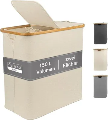 Produktbild von Famanu Wäschekorb Beige - 150 Liter, 2 Fächer, XL Sortiersystem für Wäsche