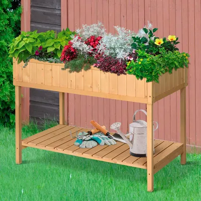 Produktbild von Hochbeet Holz 8 Fächer Pflanztisch, Pflanzkasten Tannenholz mit Ablage rückenschonend, Naturholz | 110x46x76 cm | 117 L | 8 Drainagelöcher