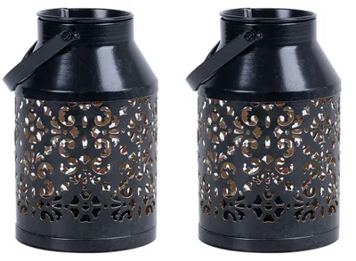 Immagine prodotto di 2 lampade solari a LED, colore nero, con vaso per piante, altezza 16 cm