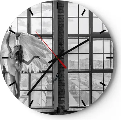 Produktbild von Wanduhr - Rund - Glasuhr - Frau Engel Ansicht - 40x40cm - Schleichendes Uhrwerk - Lautlos - zum Aufhängen bereit - Dekoration Modern - Wanddekoration aus Glas - C3AR40x40-4214