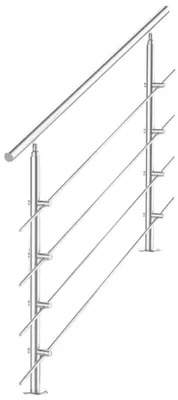 Edelstahl Treppengeländer bestehend aus oberen 80 cm Handlauf und zwei Standpfosten mit 4 Querstreben auf Treppe