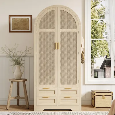 Produktbild von Flieks Kleiderschrank mit gebogenen Türen, Großzügiger Stauraum, Flurgarderobe mit Kleiderstange und Schubladen, Gaderobenschrank, Eiche