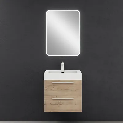 Image de doporro Meuble de Salle de Bains Chêne Clair Ensemble de 3 Pièces Meuble Suspendu avec Lavabo 60cm et Miroir LED Design Quadratto