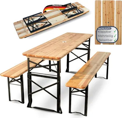 Produktbild von Bierzeltgarnitur höhenverstellbar klappbar Holz 170cm RINHO - 3 Teilig | 2x Bierbank 1x Biertisch | Festzeltgarnitur Biertisch Stehtisch Sitzgarnitur