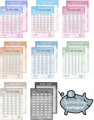 Produktbild von Sugeru 24pcs Budget Planner Deutsch Spar Challenge Zubehör 2€ 5€ 10€ 20€ 50€ Kleingeld 52 100 Tage 8 Farben Sparchallenges