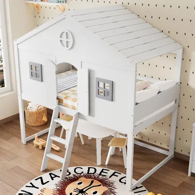 Productafbeelding van Hoogslaper 90x200 cm, wit en grijs, gemaakt van grenenhout, MDF en multiplex, met trap, valbeveiliging en twee ramen, geschikt voor een kinderkamer