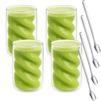 Produktbild von 4er Set Doppelwandige Gläser 230ml mit Spiralform inkl. Löffel - ideal für Kaffee, Matcha, Latte Macchiato und vieles mehr