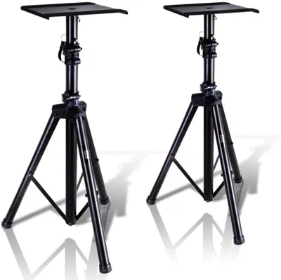 Produktbild von Pyle Lautsprecherständer–Dual Monitor stand, Studio Boxenständer, Höhenverstellbar 86-135 cm & Zusammenklappbar, Dreibein-Stativ mit Metallbasis