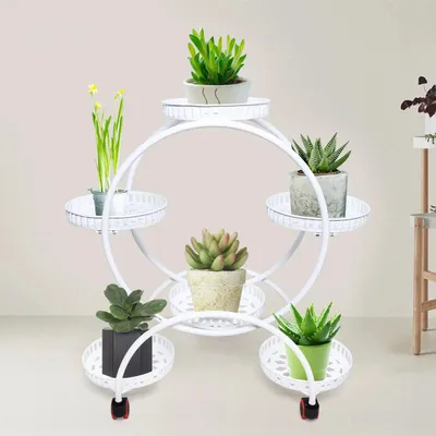 Image de Support de plantes - Étagère à fleurs 3 niveaux - Métal - Intérieur & Extérieur - Montage nécessaire - Taille M - Blanc