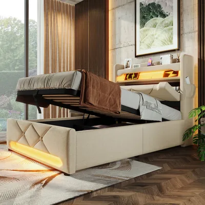 Obrázek produktu pro Čalouněná postel Abrihome 90 x 200 cm s USB a portem typu C, postel pro mládež s úložným prostorem a LED osvětlením, postele s hydraulickým úložným prostorem, plátno, béžová (bez matrace)