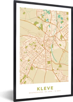 Obrázok produktu pre MuchoWow® Zarámovaný plagát Mapa - Kleve - Mapa - Mapa mesta - Vintage 60x90 Nástenný plagátový rám Fotky
