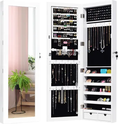 Produktbild von GOPLUS Schmuckschrank mit Spiegel, Spiegelschrank mit LED-Beleuchtung, Schmuckregal Schmuckorganizer, abschließbarer, 120 × 37 × 10 cm, Weiß